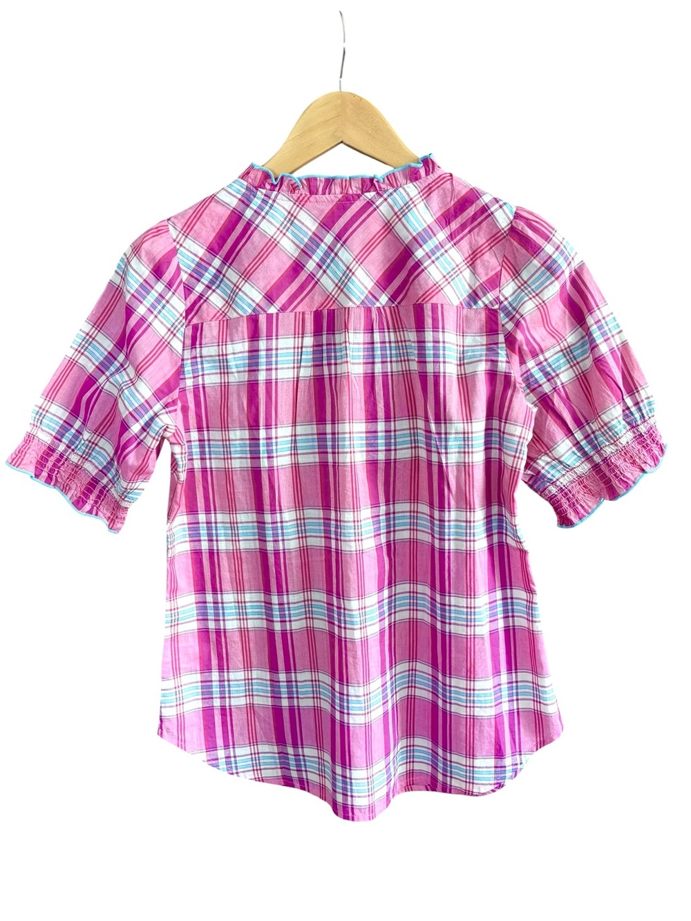 Talbots Plaid Popover Ruffle Cotton Blouse XS Pink - Picture 5 of 9